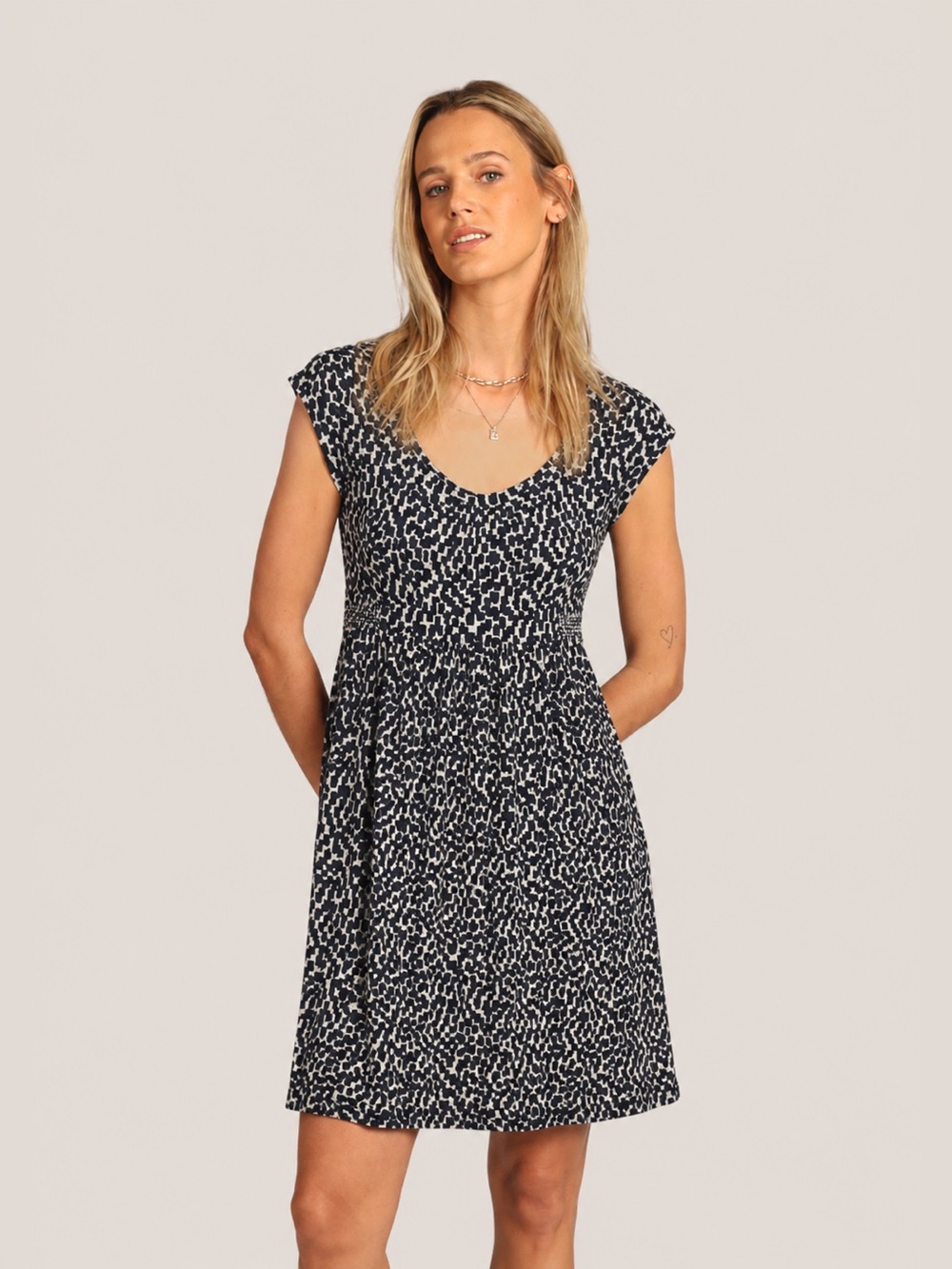 Boden Cotton Modal Scoop Neck Jersey Dress Cap Sleeve Geometric Print Size 8 *56
